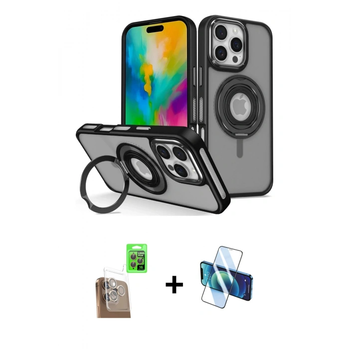 MARSİLYAN™- iPhone 16 Pro Kılıf Nova Minimal Serisi - Siyah 3D Antistatik Cam Ekran Koruyucu + Raze Metal Kamera Lens - CLTM