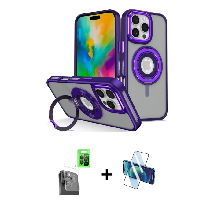 MARSİLYAN™- iPhone 16 Pro Kılıf Nova Minimal Serisi - Siyah 3D Antistatik Cam Ekran Koruyucu + Raze Metal Kamera Lens - SH
