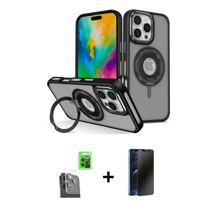MARSİLYAN™- iPhone 16 Pro Kılıf Nova Minimal Serisi - Siyah 3D Antistatik Hayalet Cam Ekran Koruyucu + Raze Metal Kamera Lens - SH