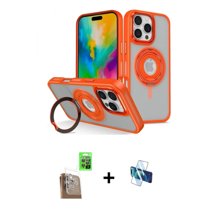 MARSİLYAN™- iPhone 16 Pro Kılıf Nova Minimal Serisi - Siyah 3D Antistatik Seramik Nano Ekran Koruyucu + Çöl Titanyum Raze Metal Kamera Lens