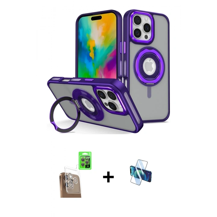 MARSİLYAN™- iPhone 16 Pro Kılıf Nova Minimal Serisi - Siyah 3D Antistatik Seramik Nano Ekran Koruyucu + Çöl Titanyum Raze Metal Kamera Lens