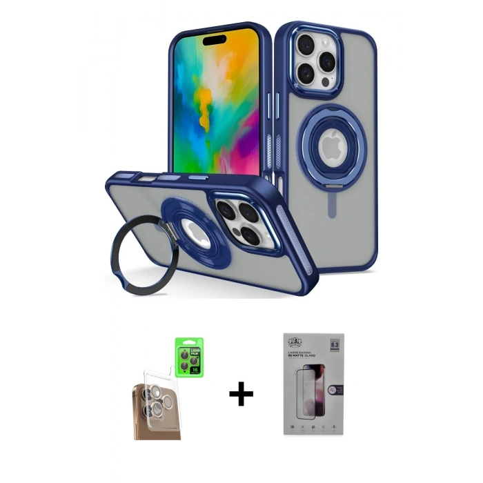 MARSİLYAN™- iPhone 16 Pro Kılıf Nova Minimal Serisi - Siyah Bilvis 3D Mat Cam Ekran Koruyucu + Çöl Titanyum Raze Metal Kamera Lens
