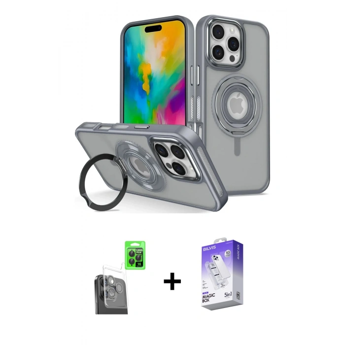 MARSİLYAN™- iPhone 16 Pro Kılıf Nova Minimal Serisi - Siyah Bilvis 5in1 3D Magic Cam Ekran Koruyucu + Raze Metal Kamera Lens - SH