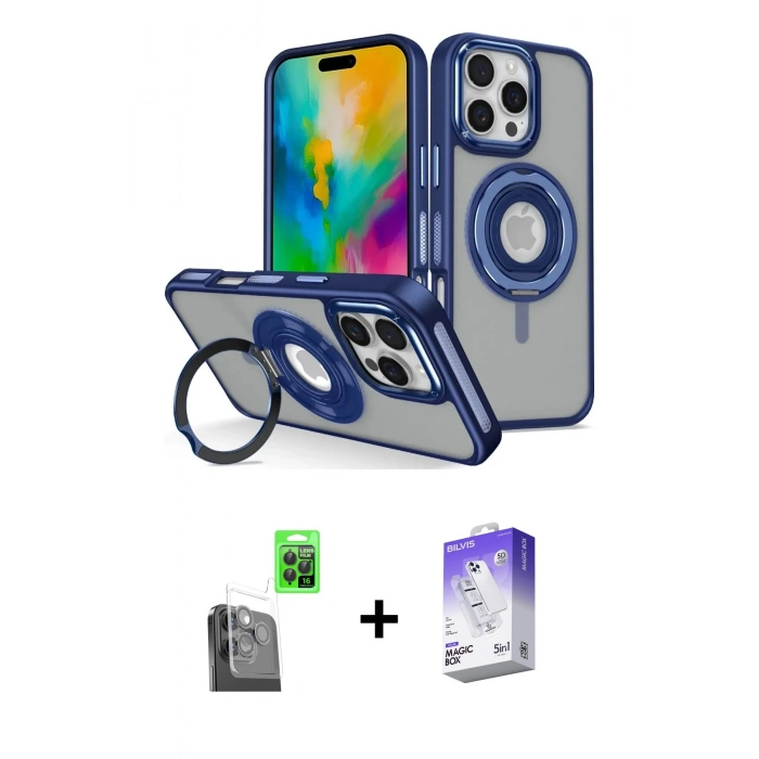 MARSİLYAN™- iPhone 16 Pro Kılıf Nova Minimal Serisi - Siyah Bilvis 5in1 3D Magic Cam Ekran Koruyucu + Raze Metal Kamera Lens - SH