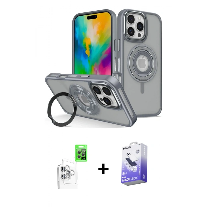 MARSİLYAN™- iPhone 16 Pro Kılıf Nova Minimal Serisi - Siyah Bilvis 5in1 5D Magic Hayalet Cam Ekran Koruyucu + Raze Metal Kamera Lens - BZ
