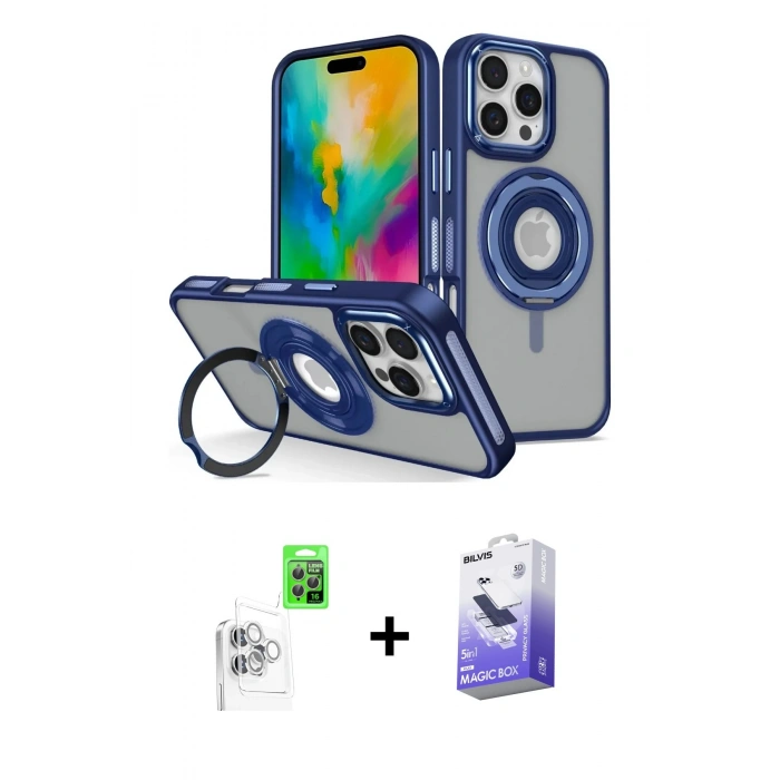 MARSİLYAN™- iPhone 16 Pro Kılıf Nova Minimal Serisi - Siyah Bilvis 5in1 5D Magic Hayalet Cam Ekran Koruyucu + Raze Metal Kamera Lens - BZ