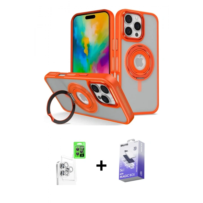 MARSİLYAN™- iPhone 16 Pro Kılıf Nova Minimal Serisi - Siyah Bilvis 5in1 5D Magic Hayalet Cam Ekran Koruyucu + Raze Metal Kamera Lens - BZ