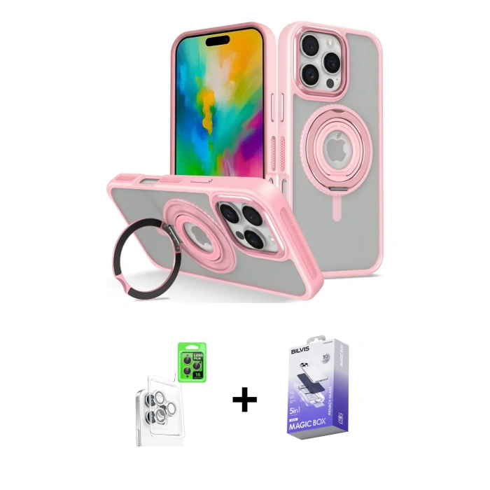 MARSİLYAN™- iPhone 16 Pro Kılıf Nova Minimal Serisi - Siyah Bilvis 5in1 5D Magic Hayalet Cam Ekran Koruyucu + Raze Metal Kamera Lens - BZ