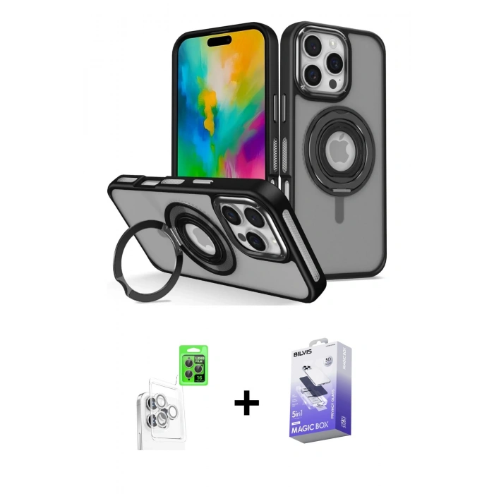 MARSİLYAN™- iPhone 16 Pro Kılıf Nova Minimal Serisi - Siyah Bilvis 5in1 5D Magic Hayalet Cam Ekran Koruyucu + Raze Metal Kamera Lens - BZ