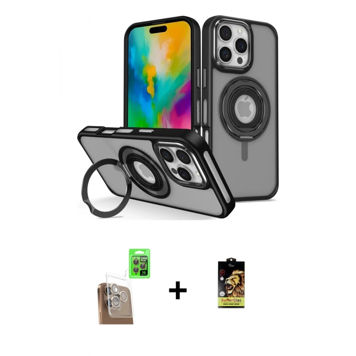 MARSİLYAN™- iPhone 16 Pro Kılıf Nova Minimal Serisi - Siyah Buffer Cam Ekran Koruyucu + Raze Metal Kamera Lens - CLTM