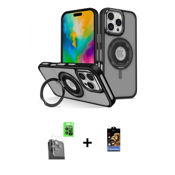 MARSİLYAN™- iPhone 16 Pro Kılıf Nova Minimal Serisi - Siyah Buffer Hayalet Cam Ekran Koruyucu + Siyah Raze Metal Kamera Lens