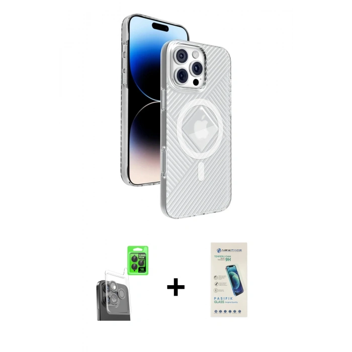 MARSİLYAN™- iPhone 16 Pro Kılıf Nova Modern Prime - Şeffaf Pasifik Cam Ekran Koruyucu + Raze Metal Kamera Lens - SH
