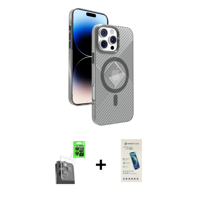 MARSİLYAN™- iPhone 16 Pro Kılıf Nova Modern Prime - Şeffaf Pasifik Cam Ekran Koruyucu + Raze Metal Kamera Lens - SH