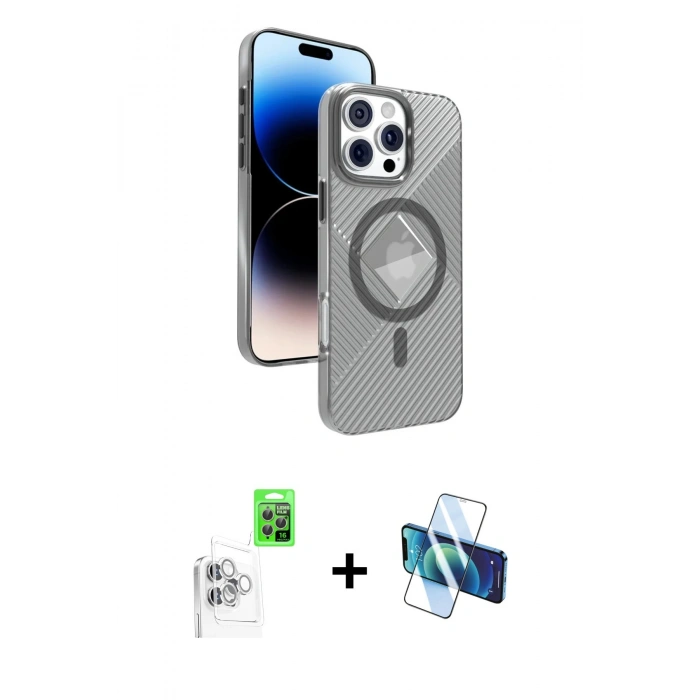 MARSİLYAN™- iPhone 16 Pro Kılıf Nova Modern Prime - Siyah 3D Antistatik Cam Ekran Koruyucu + Raze Metal Kamera Lens - BZ