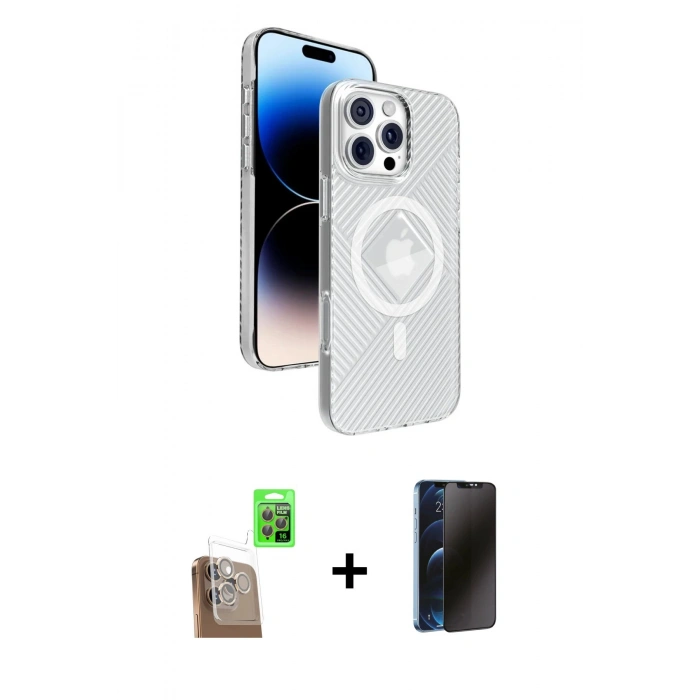 MARSİLYAN™- iPhone 16 Pro Kılıf Nova Modern Prime - Siyah 3D Antistatik Hayalet Cam Ekran Koruyucu + Raze Metal Kamera Lens - CLTM