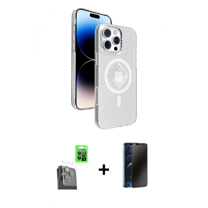 MARSİLYAN™- iPhone 16 Pro Kılıf Nova Modern Prime - Siyah 3D Antistatik Hayalet Cam Ekran Koruyucu + Raze Metal Kamera Lens - SH