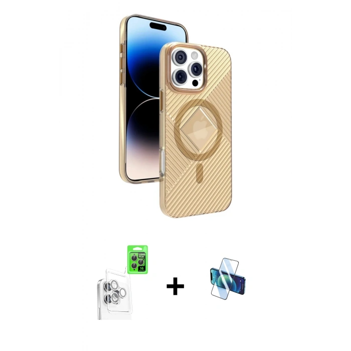 MARSİLYAN™- iPhone 16 Pro Kılıf Nova Modern Prime - Siyah 3D Antistatik Seramik Nano Ekran Koruyucu + Beyaz Raze Metal Kamera Lens