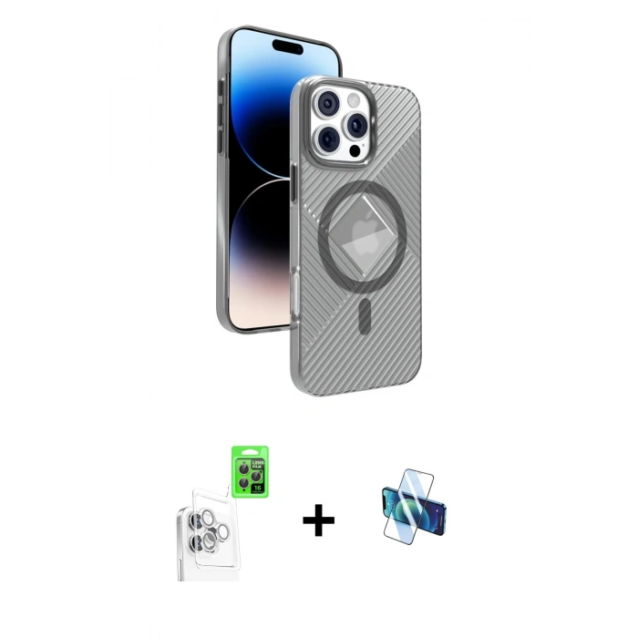 MARSİLYAN™- iPhone 16 Pro Kılıf Nova Modern Prime - Siyah 3D Antistatik Seramik Nano Ekran Koruyucu + Beyaz Raze Metal Kamera Lens