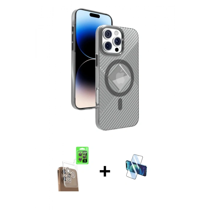 MARSİLYAN™- iPhone 16 Pro Kılıf Nova Modern Prime - Siyah 3D Antistatik Seramik Nano Ekran Koruyucu + Raze Metal Kamera Lens - CLTM