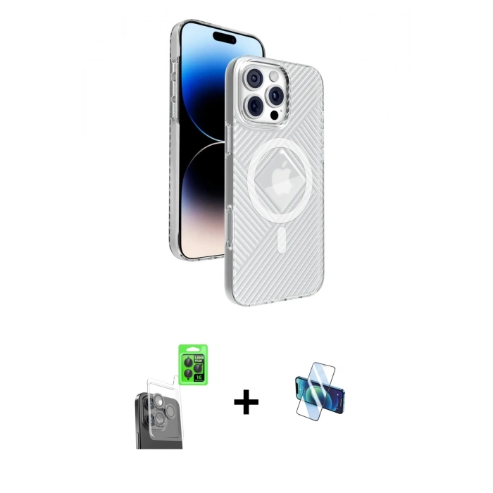 MARSİLYAN™- iPhone 16 Pro Kılıf Nova Modern Prime - Siyah 3D Antistatik Seramik Nano Ekran Koruyucu + Raze Metal Kamera Lens - SH