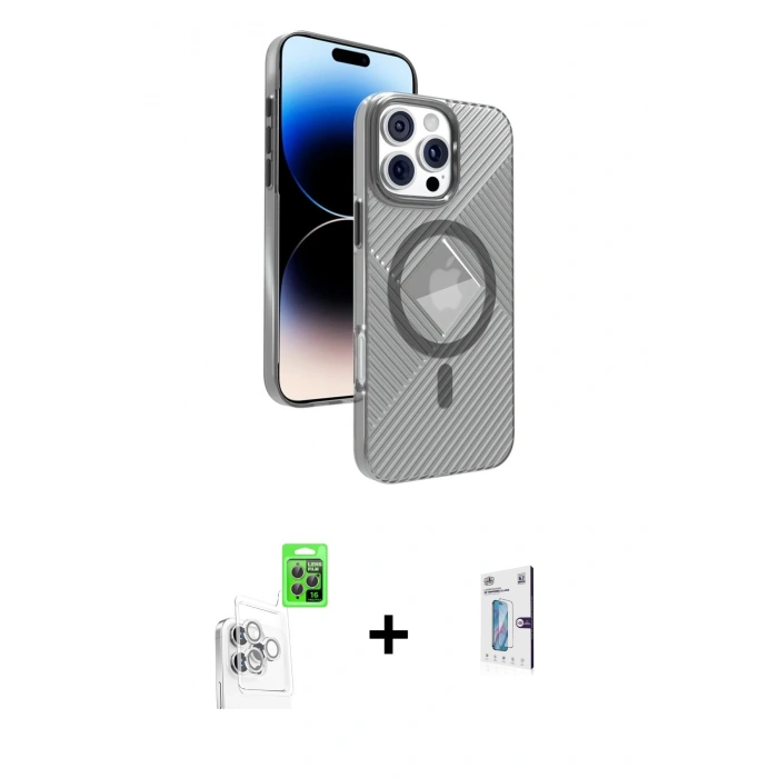MARSİLYAN™- iPhone 16 Pro Kılıf Nova Modern Prime - Siyah Bilvis 0.18mm Plus Cam Ekran Koruyucu + Raze Metal Kamera Lens - BZ