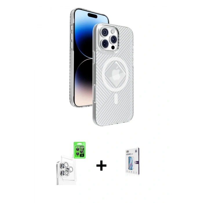 MARSİLYAN™- iPhone 16 Pro Kılıf Nova Modern Prime - Siyah Bilvis 0.18mm Plus Cam Ekran Koruyucu + Raze Metal Kamera Lens - BZ