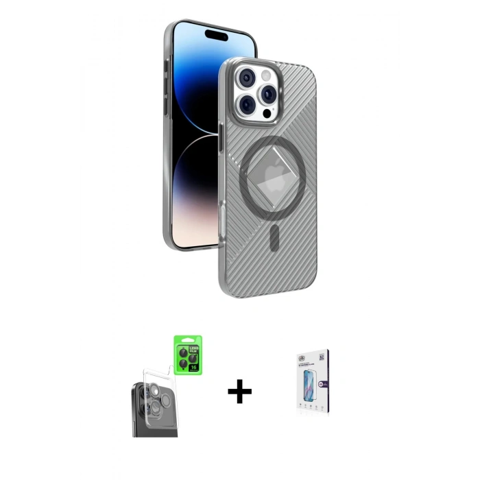 MARSİLYAN™- iPhone 16 Pro Kılıf Nova Modern Prime - Siyah Bilvis 0.18mm Plus Cam Ekran Koruyucu + Raze Metal Kamera Lens - SH