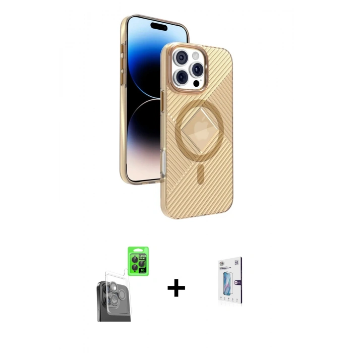 MARSİLYAN™- iPhone 16 Pro Kılıf Nova Modern Prime - Siyah Bilvis 0.18mm Plus Cam Ekran Koruyucu + Raze Metal Kamera Lens - SH