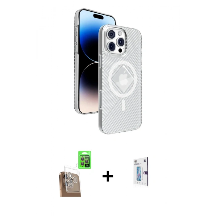 MARSİLYAN™- iPhone 16 Pro Kılıf Nova Modern Prime - Siyah Bilvis 0.18mm Plus Cam Ekran Koruyucu + Raze Metal Kamera Lens - CLTM
