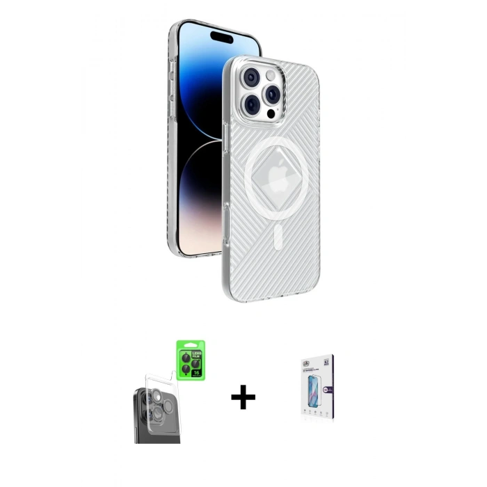 MARSİLYAN™- iPhone 16 Pro Kılıf Nova Modern Prime - Siyah Bilvis 0.18mm Plus Cam Ekran Koruyucu + Raze Metal Kamera Lens - SH
