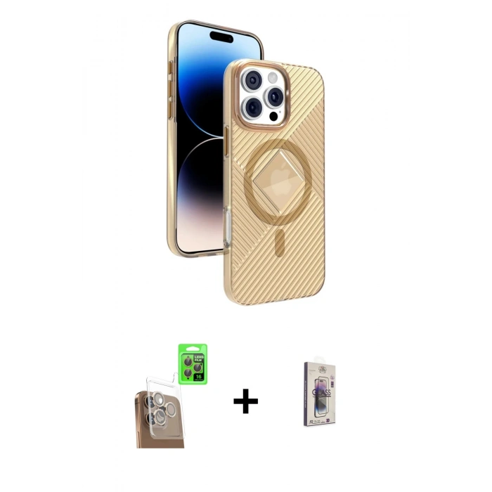 MARSİLYAN™- iPhone 16 Pro Kılıf Nova Modern Prime - Siyah Bilvis 3D Cam Ekran Koruyucu + Çöl Titanyum Raze Metal Kamera Lens