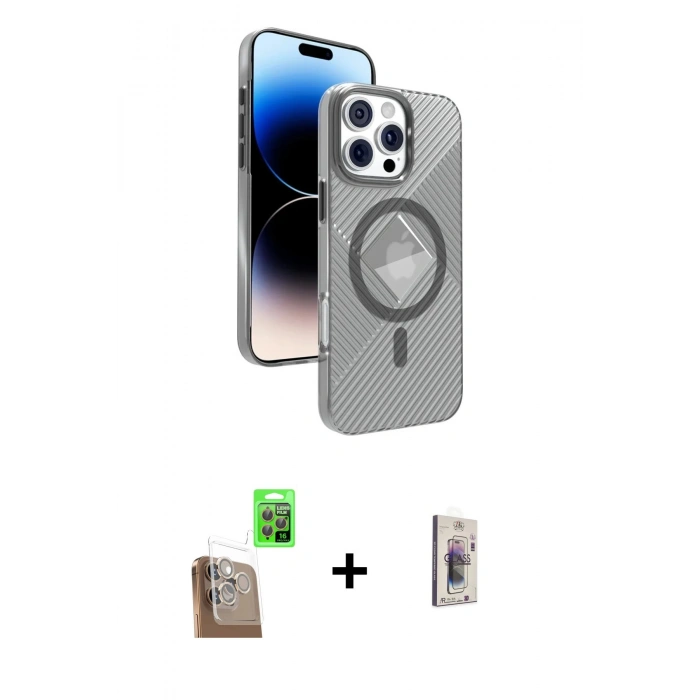 MARSİLYAN™- iPhone 16 Pro Kılıf Nova Modern Prime - Siyah Bilvis 3D Cam Ekran Koruyucu + Çöl Titanyum Raze Metal Kamera Lens
