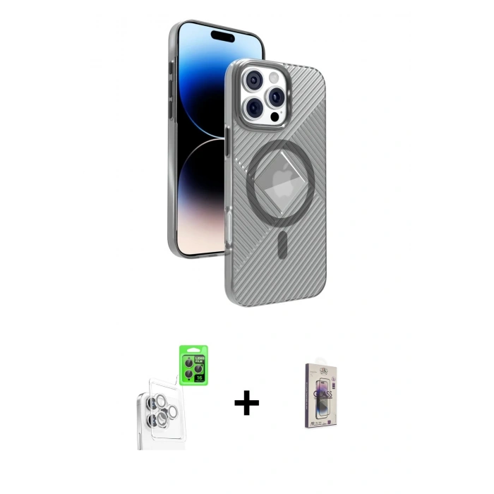 MARSİLYAN™- iPhone 16 Pro Kılıf Nova Modern Prime - Siyah Bilvis 3D Cam Ekran Koruyucu + Raze Metal Kamera Lens - BZ