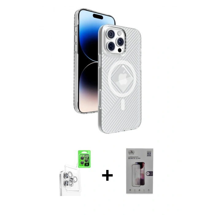 MARSİLYAN™- iPhone 16 Pro Kılıf Nova Modern Prime - Siyah Bilvis 3D Mat Cam Ekran Koruyucu + Beyaz Raze Metal Kamera Lens