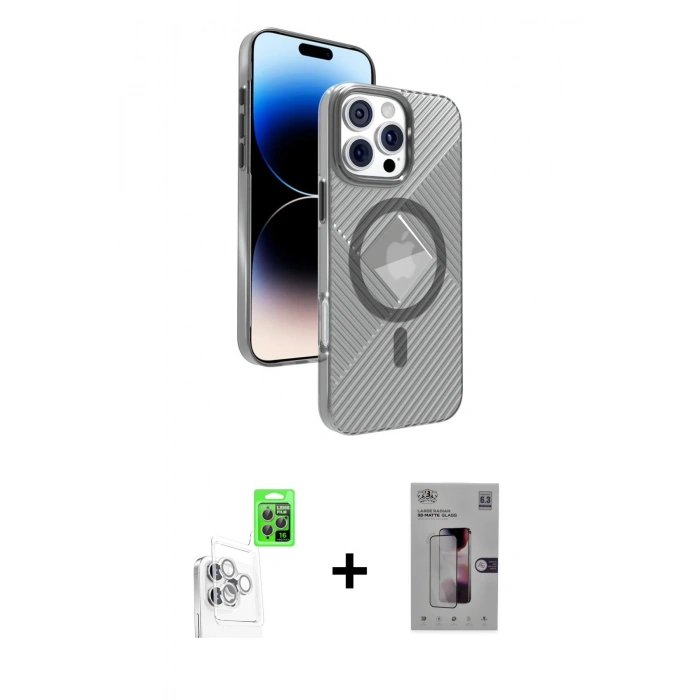 MARSİLYAN™- iPhone 16 Pro Kılıf Nova Modern Prime - Siyah Bilvis 3D Mat Cam Ekran Koruyucu + Beyaz Raze Metal Kamera Lens