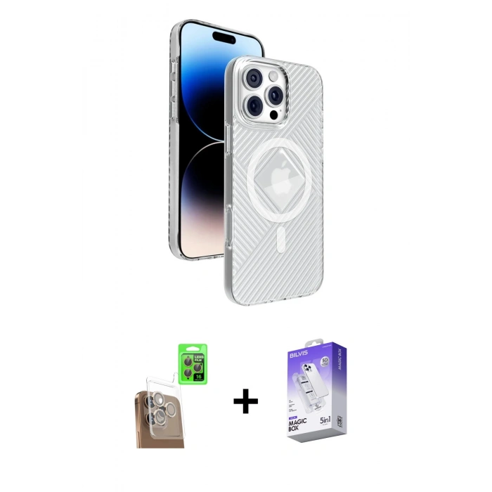 MARSİLYAN™- iPhone 16 Pro Kılıf Nova Modern Prime - Siyah Bilvis 5in1 3D Magic Cam Ekran Koruyucu + Raze Metal Kamera Lens - CLTM