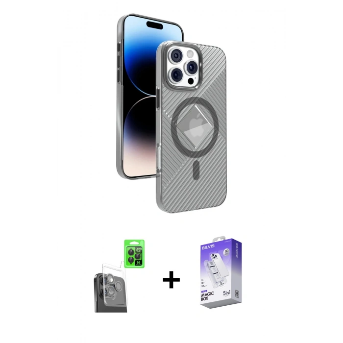 MARSİLYAN™- iPhone 16 Pro Kılıf Nova Modern Prime - Siyah Bilvis 5in1 3D Magic Cam Ekran Koruyucu + Raze Metal Kamera Lens - SH