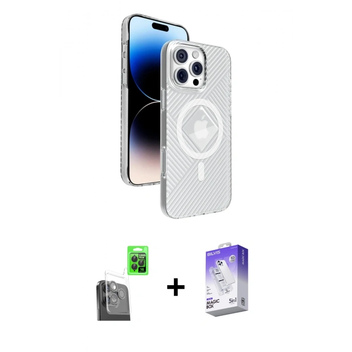 MARSİLYAN™- iPhone 16 Pro Kılıf Nova Modern Prime - Siyah Bilvis 5in1 3D Magic Cam Ekran Koruyucu + Raze Metal Kamera Lens - SH