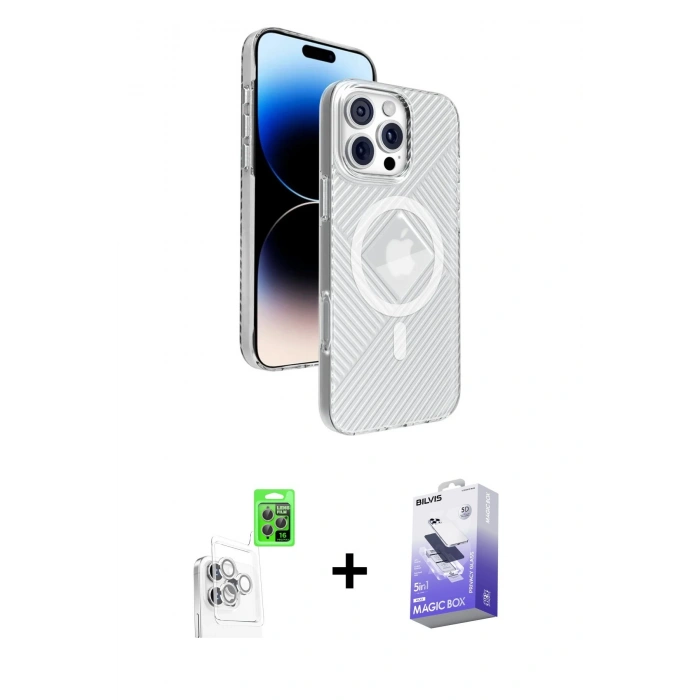MARSİLYAN™- iPhone 16 Pro Kılıf Nova Modern Prime - Siyah Bilvis 5in1 5D Magic Hayalet Cam Ekran Koruyucu + Raze Metal Kamera Lens - BZ