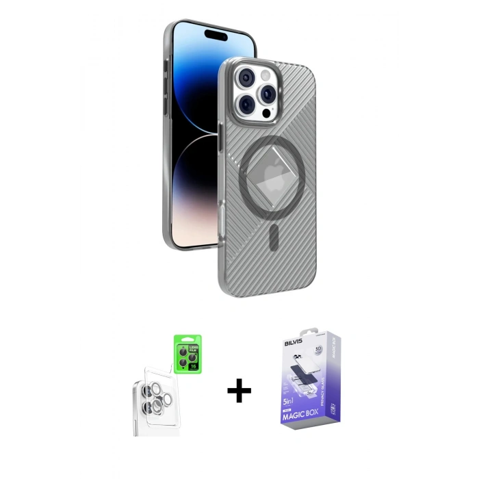 MARSİLYAN™- iPhone 16 Pro Kılıf Nova Modern Prime - Siyah Bilvis 5in1 5D Magic Hayalet Cam Ekran Koruyucu + Raze Metal Kamera Lens - BZ