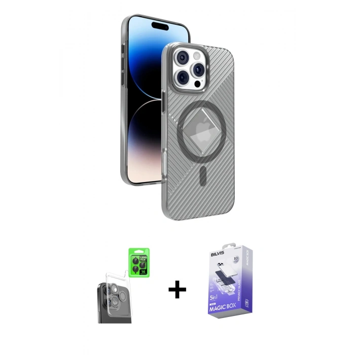 MARSİLYAN™- iPhone 16 Pro Kılıf Nova Modern Prime - Siyah Bilvis 5in1 5D Magic Hayalet Cam Ekran Koruyucu + Siyah Raze Metal Kamera Lens