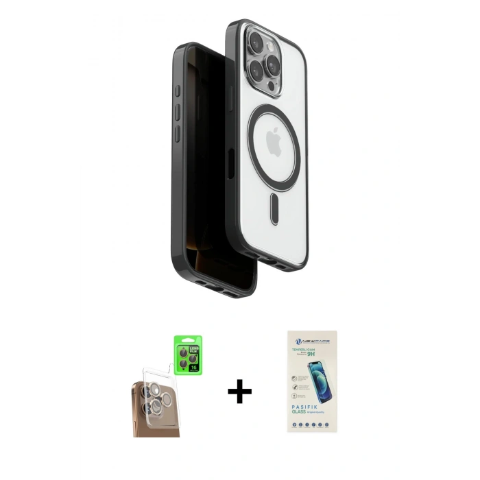 MARSİLYAN™- iPhone 16 Pro Kılıf Pusula Form Serisi - Şeffaf Pasifik Cam Ekran Koruyucu + Raze Metal Kamera Lens - CLTM