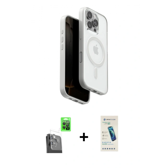 MARSİLYAN™- iPhone 16 Pro Kılıf Pusula Form Serisi - Şeffaf Pasifik Cam Ekran Koruyucu + Raze Metal Kamera Lens - SH