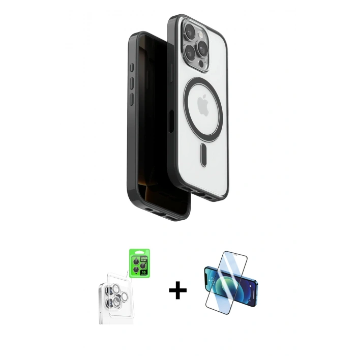 MARSİLYAN™- iPhone 16 Pro Kılıf Pusula Form Serisi - Siyah 3D Antistatik Cam Ekran Koruyucu + Raze Metal Kamera Lens - BZ