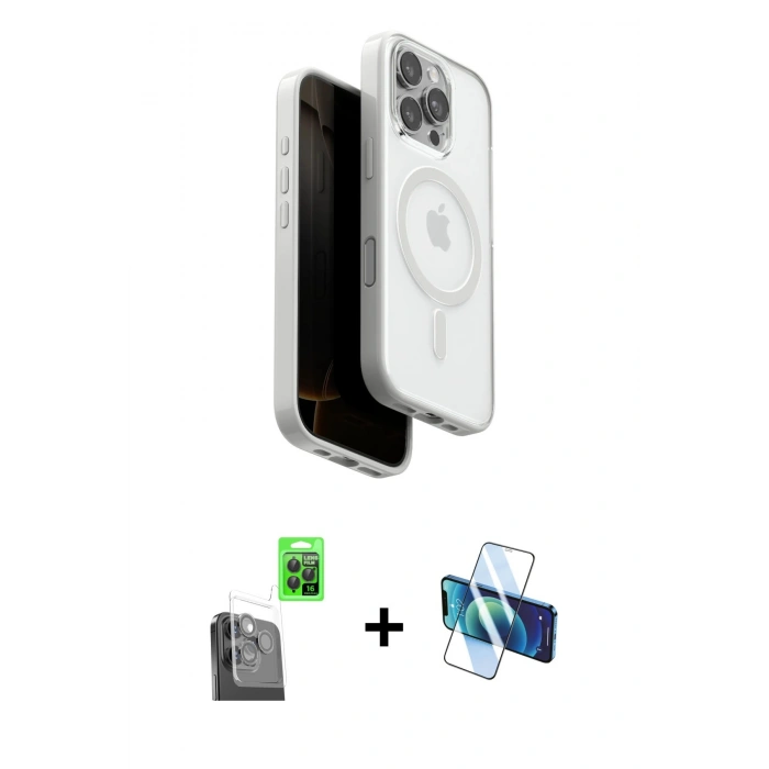MARSİLYAN™- iPhone 16 Pro Kılıf Pusula Form Serisi - Siyah 3D Antistatik Cam Ekran Koruyucu + Siyah Raze Metal Kamera Lens