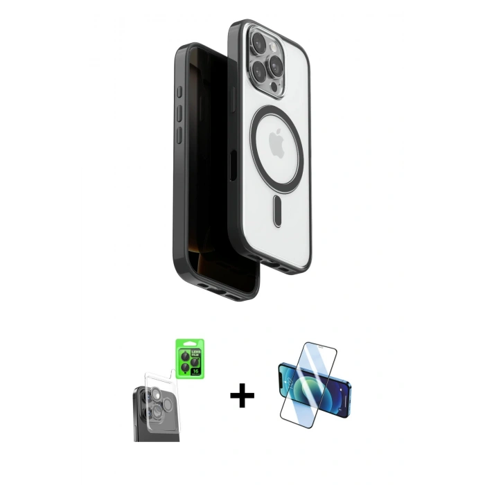 MARSİLYAN™- iPhone 16 Pro Kılıf Pusula Form Serisi - Siyah 3D Antistatik Cam Ekran Koruyucu + Siyah Raze Metal Kamera Lens