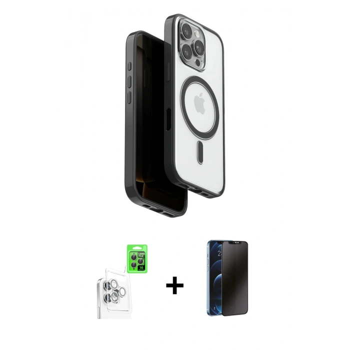MARSİLYAN™- iPhone 16 Pro Kılıf Pusula Form Serisi - Siyah 3D Antistatik Hayalet Cam Ekran Koruyucu + Raze Metal Kamera Lens - BZ