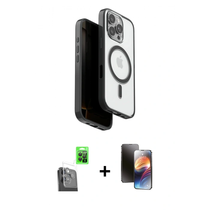 MARSİLYAN™- iPhone 16 Pro Kılıf Pusula Form Serisi - Siyah 3D Antistatik Mat Seramik Nano Ekran Koruyucu + Raze Metal Kamera Lens - SH