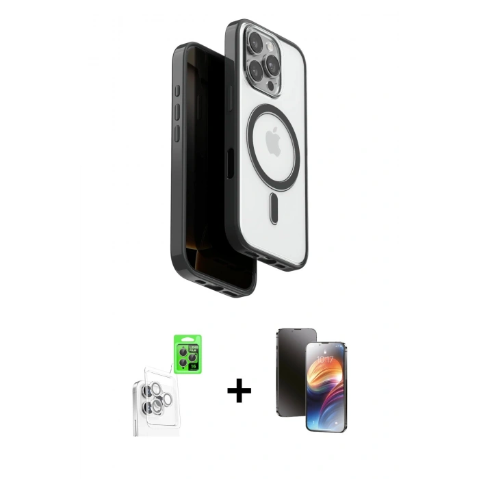 MARSİLYAN™- iPhone 16 Pro Kılıf Pusula Form Serisi - Siyah 3D Antistatik Mat Seramik Nano Ekran Koruyucu + Raze Metal Kamera Lens - BZ
