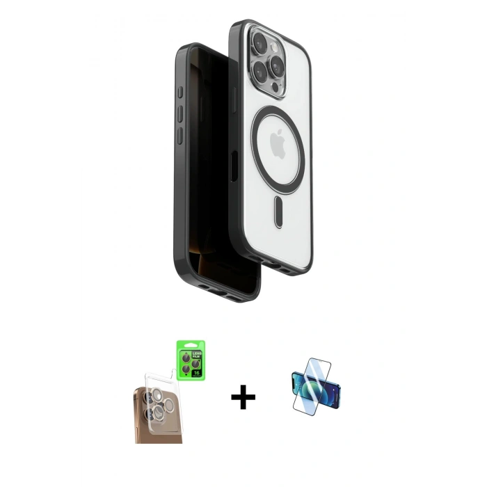 MARSİLYAN™- iPhone 16 Pro Kılıf Pusula Form Serisi - Siyah 3D Antistatik Seramik Nano Ekran Koruyucu + Çöl Titanyum Raze Metal Kamera Lens